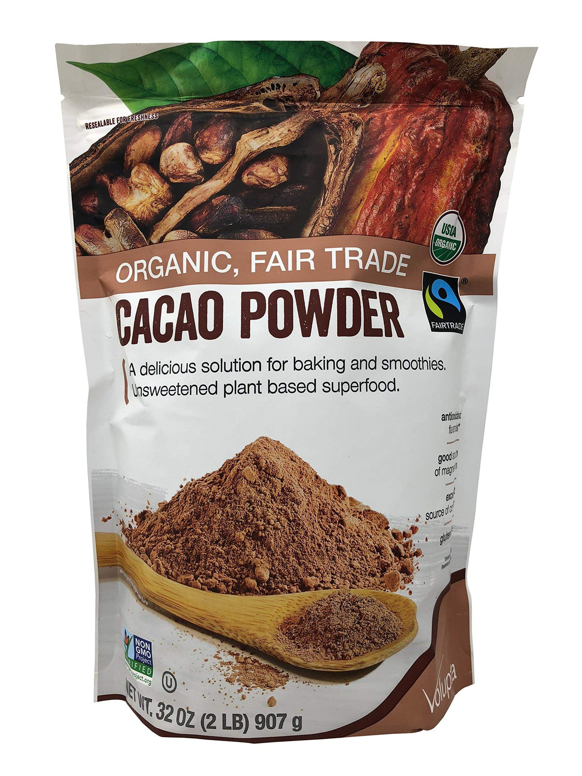 Volupta cacao powder 32oz bag, ideal for baking and smoothies.