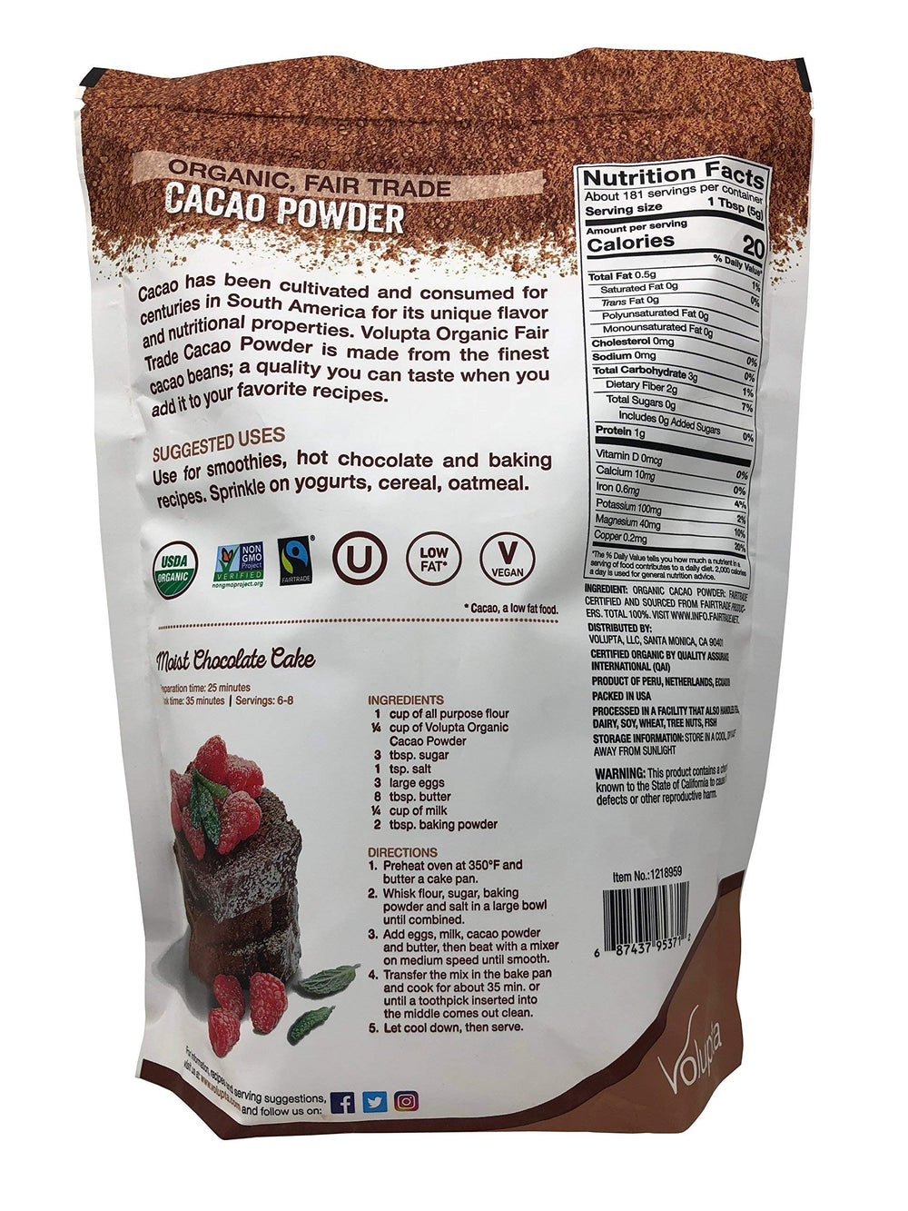 Volupta cacao powder with scoop, perfect for rich desserts and shakes.