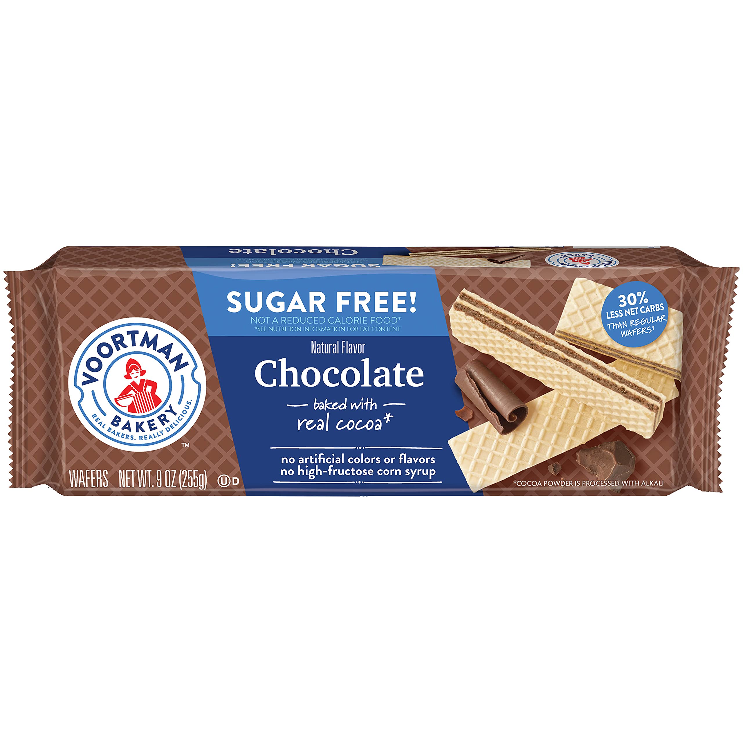 Voortman Sugar Free Chocolate Wafers box front, family-friendly snack option.