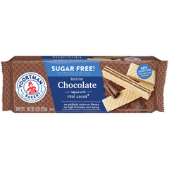 Voortman Sugar Free Chocolate Wafers box front, family-friendly snack option.
