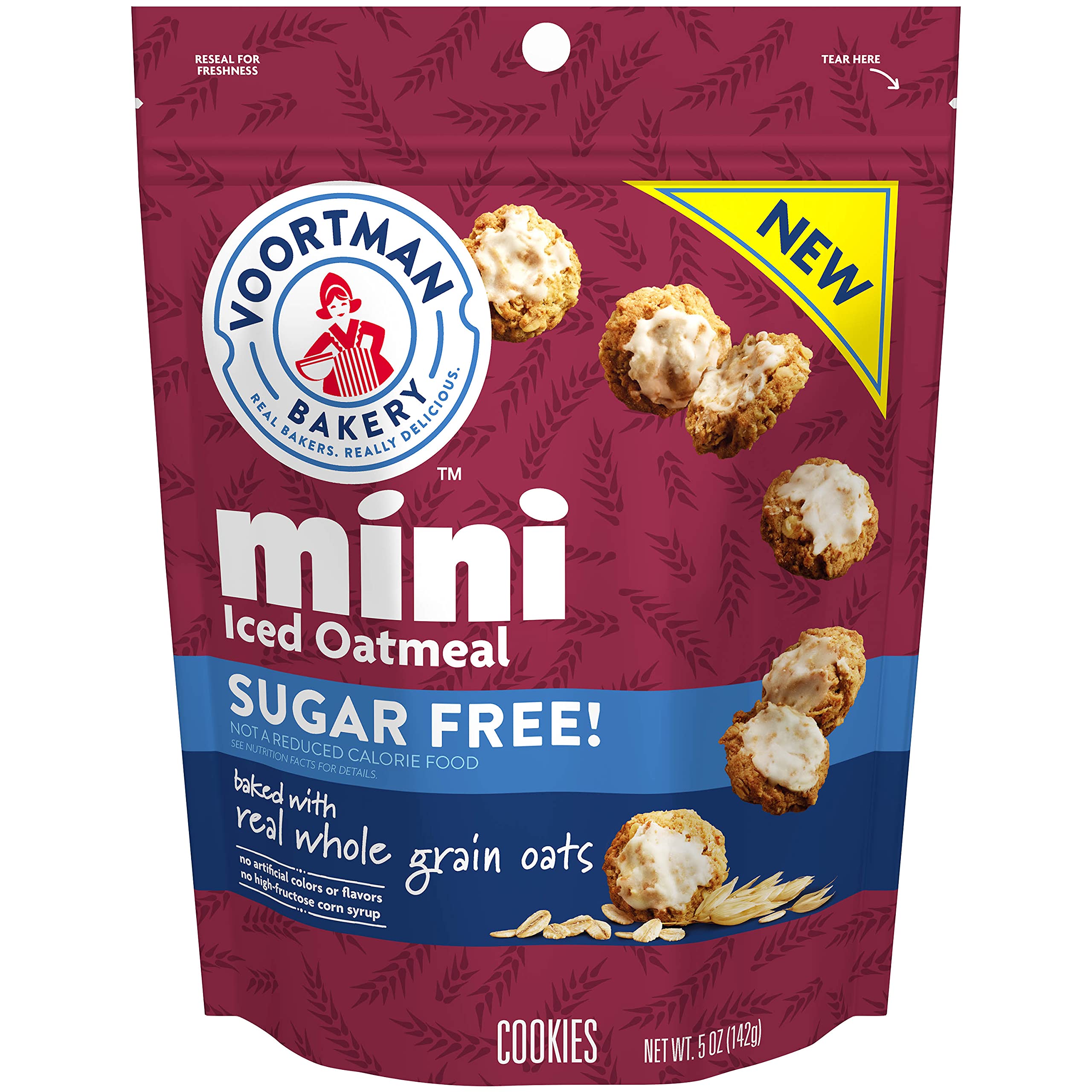 Voortman sugar-free iced oatmeal mini cookie pack close-up, resealable bag for freshness