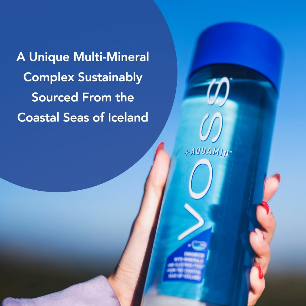 VOSS+ Aquamin bottle being poured to reveal refreshing hydration
