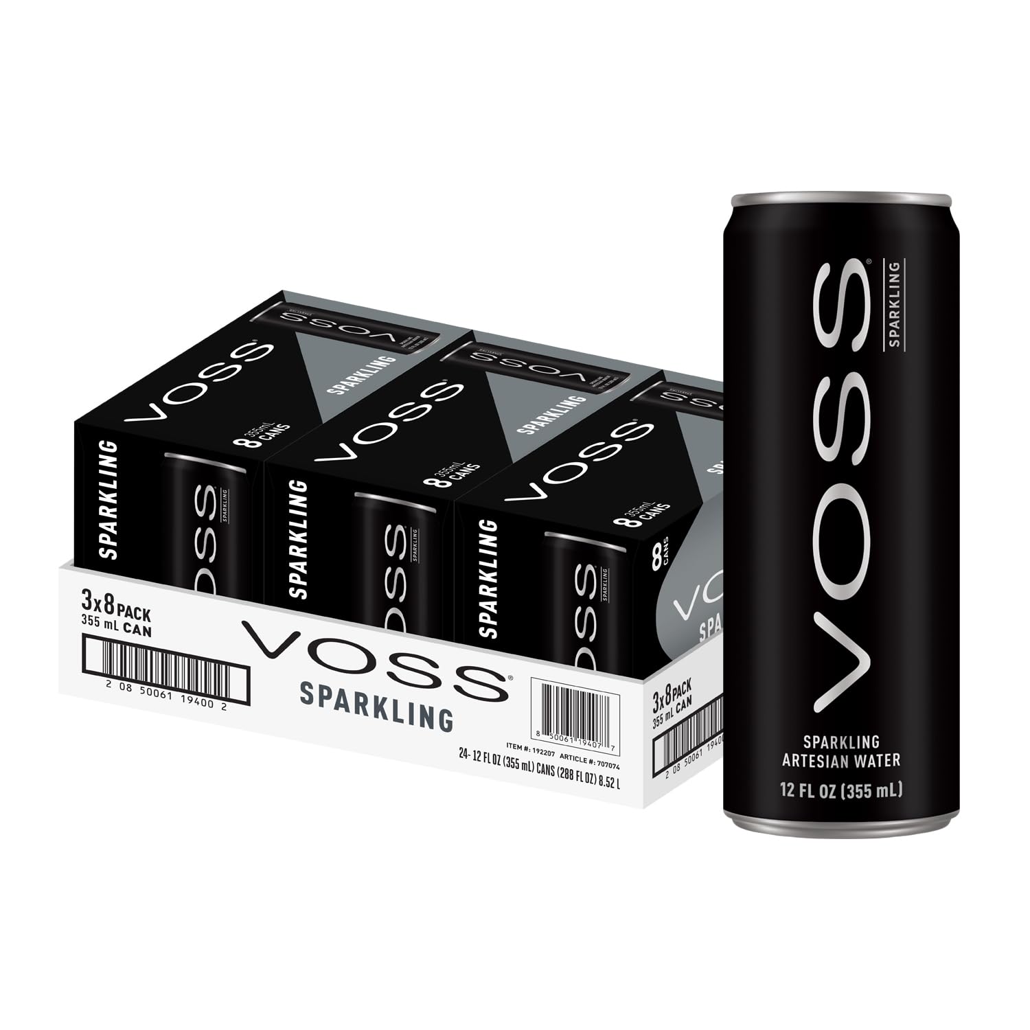 VOSS Artesian Sparkling Water cans in a 3-pack, stylish home hydration.