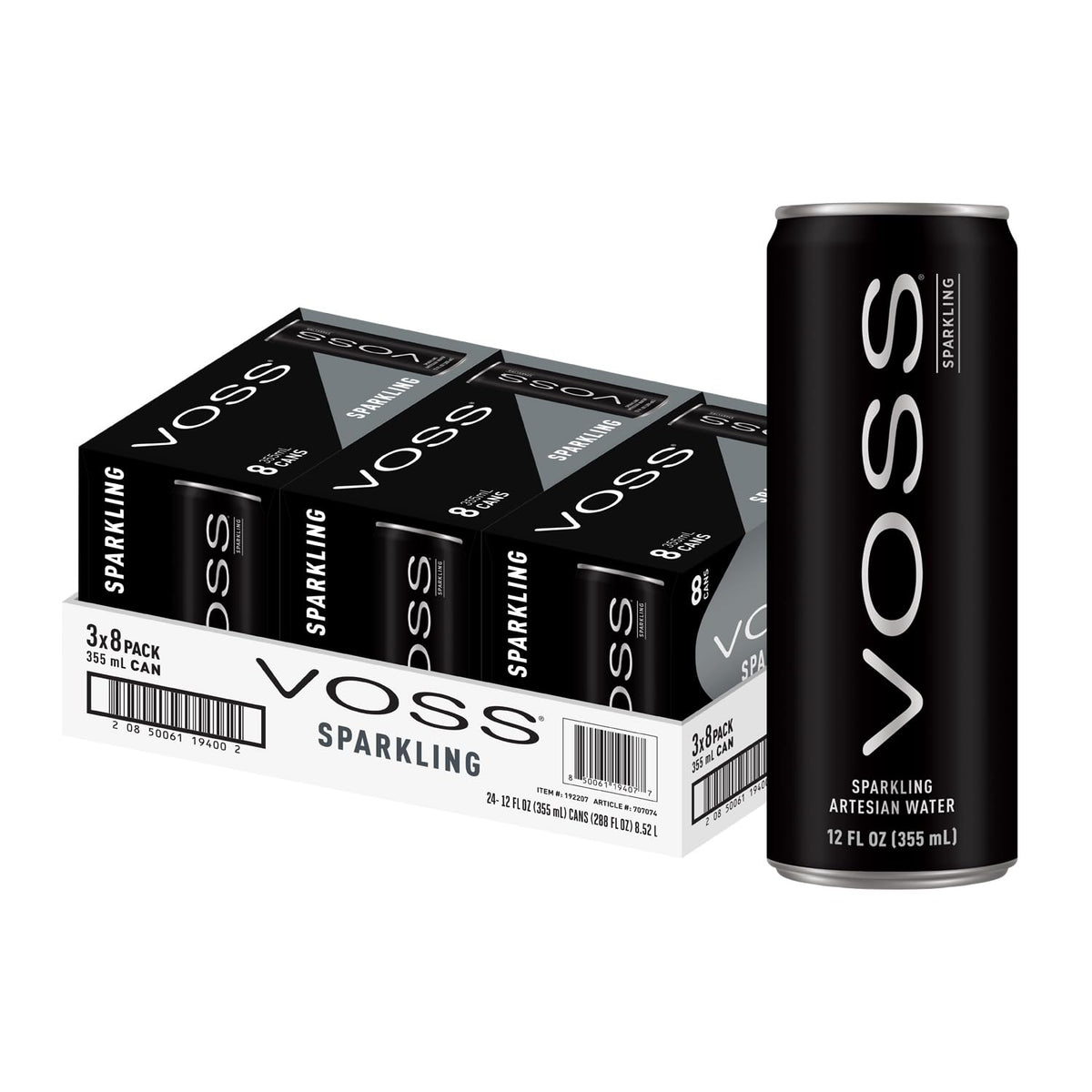 VOSS Artesian Sparkling Water cans in a 3-pack, stylish home hydration.