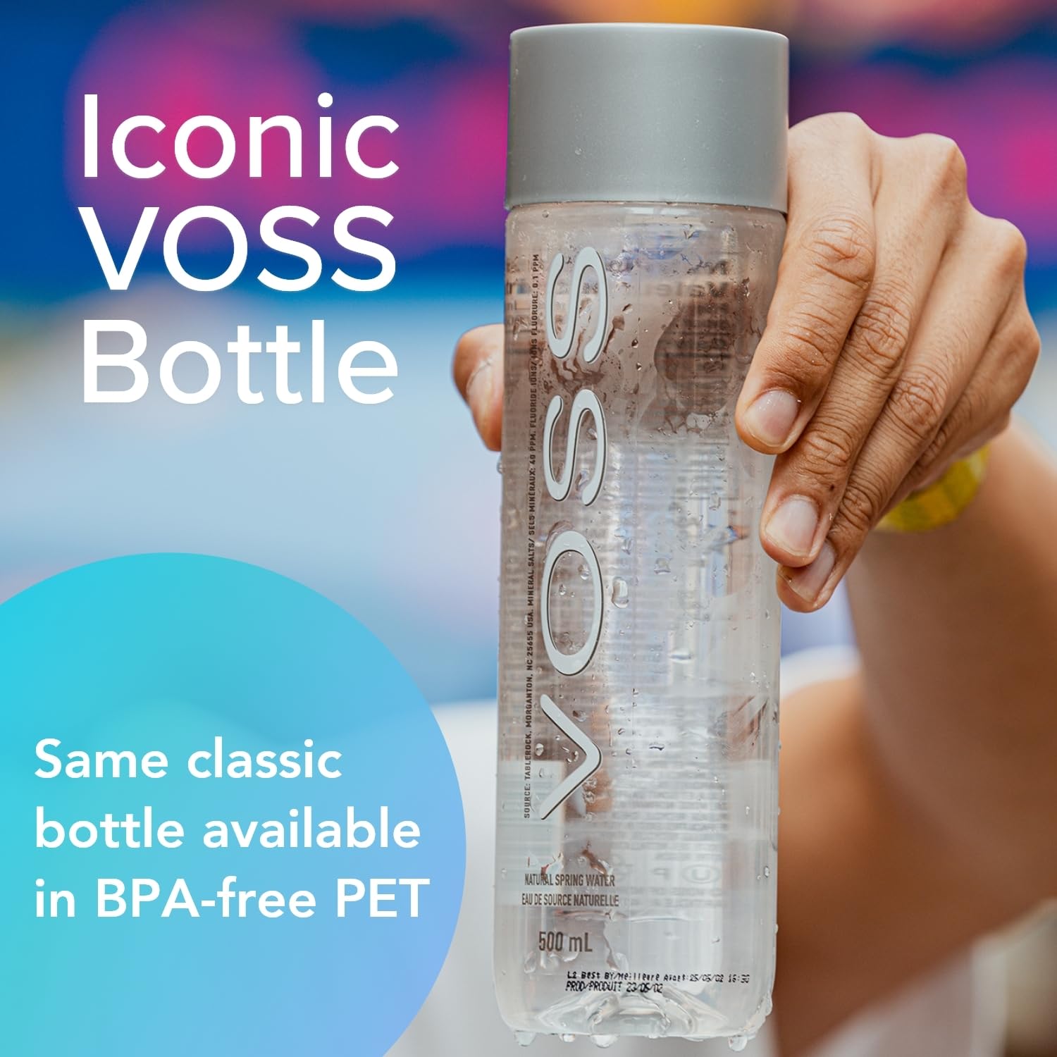 VOSS plastic water bottle on table illustrates easy portability