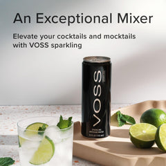 VOSS slim cans on a dining table, pairing with seafood dishes.