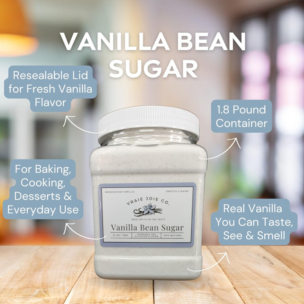 Vraie Joie Co vanilla sugar topping on ice cream for fragrant sweetness.