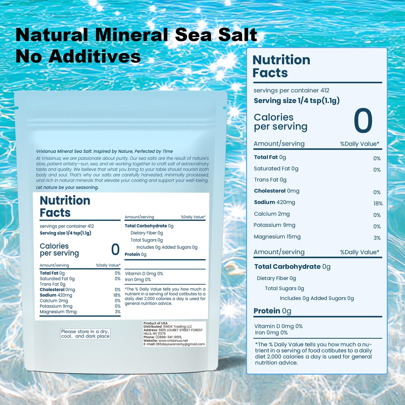 Vrixlanua Mineral Sea Salt in resealable pouch preserves freshness