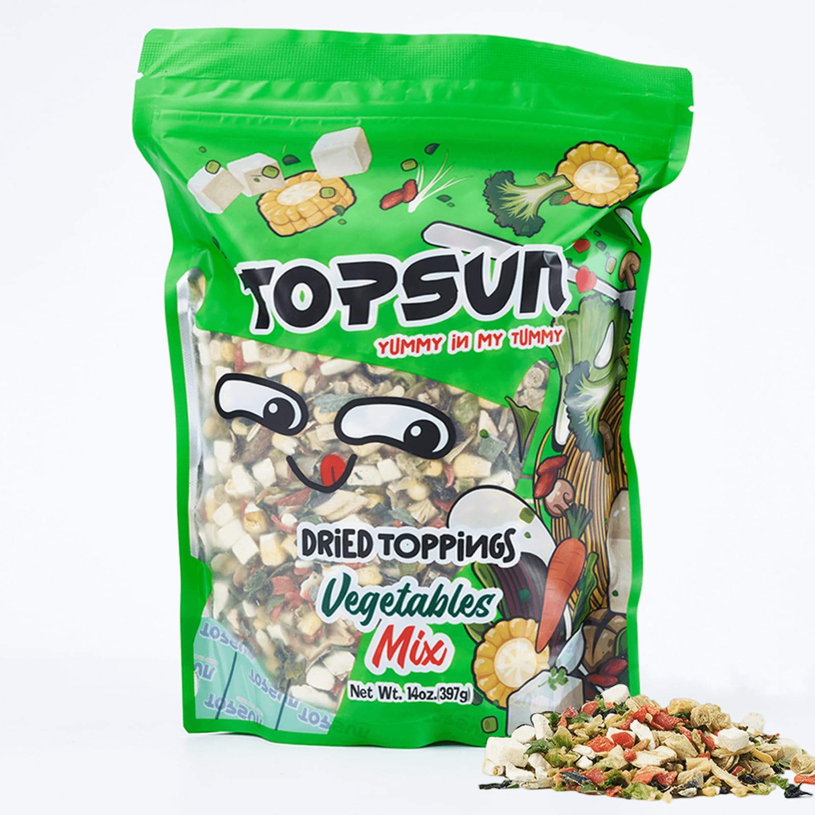 VSlice Dried Ramen Toppings bag showing 12-vegetable blend for quick meals