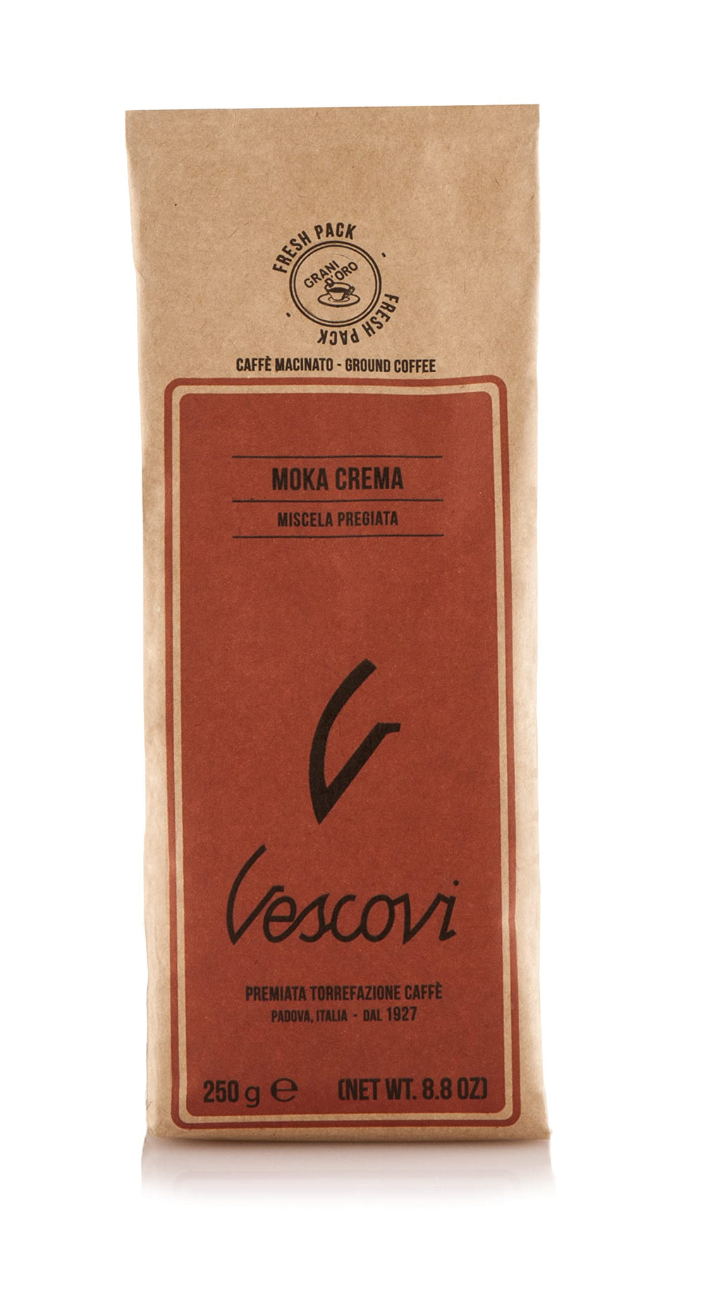 V Vescovi Moka Crema packaging emphasizes premium Italian espresso grounds and authenticity.
