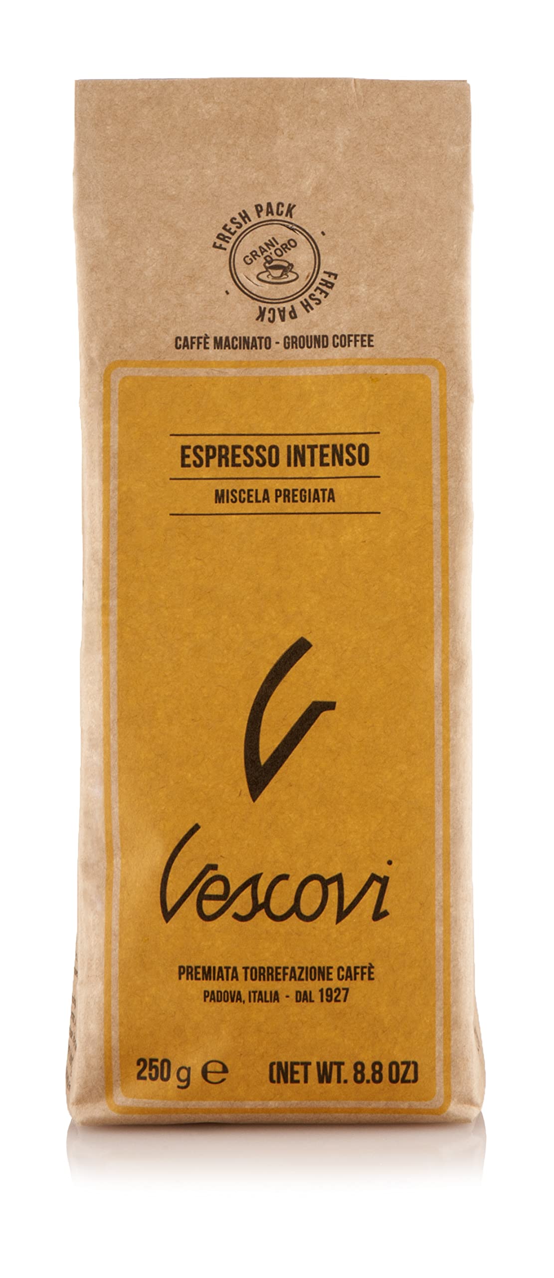 V Vescovi Espresso Intenso packaging showcases premium Italian ground coffee for home brewing