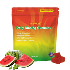 VYIUNKTE Daily Tanning Gummies bottle with sour watermelon flavor and vitamin blend.
