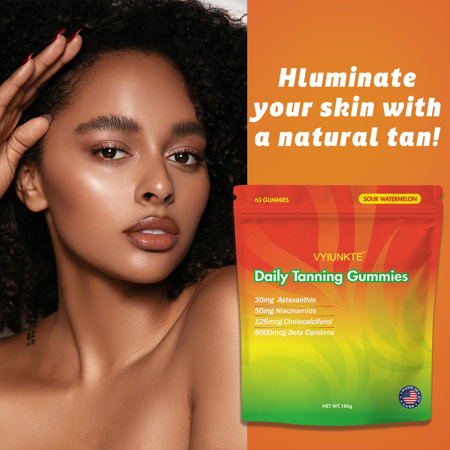 Nutrition panel on VYIUNKTE bottle highlighting vitamins and carotenoids.