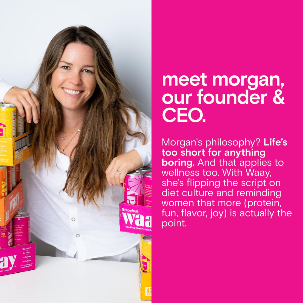 Waay label highlights whey isolate and collagen in a light, crisp drink.