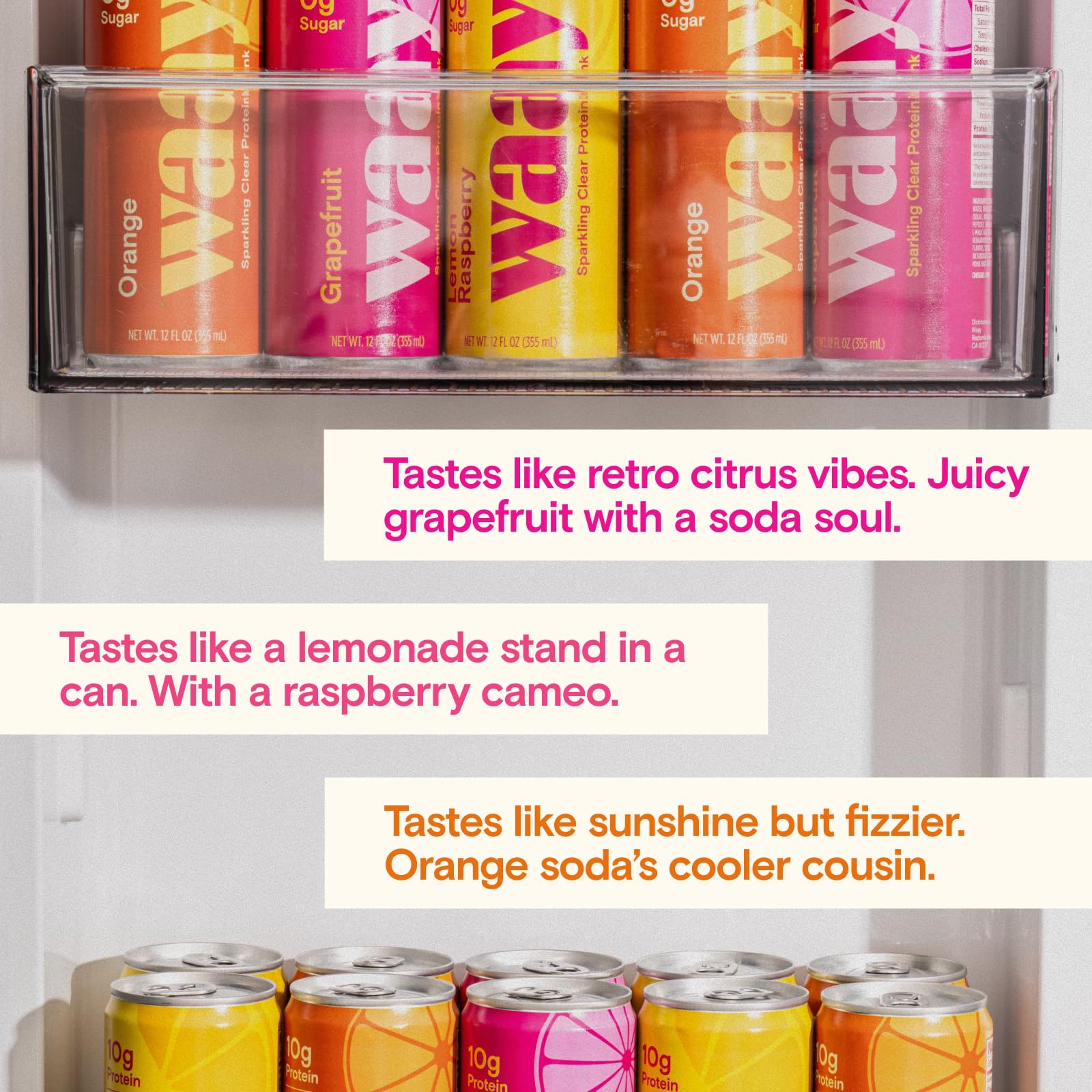 Waay Sparkling Clear can with bubbles evokes on-the-go refreshment.