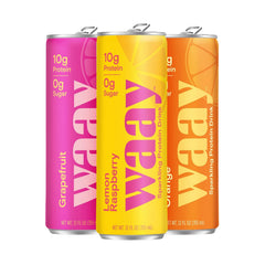 Waay Sparkling Clear Variety Pack cans offer a refreshing 10g protein boost.