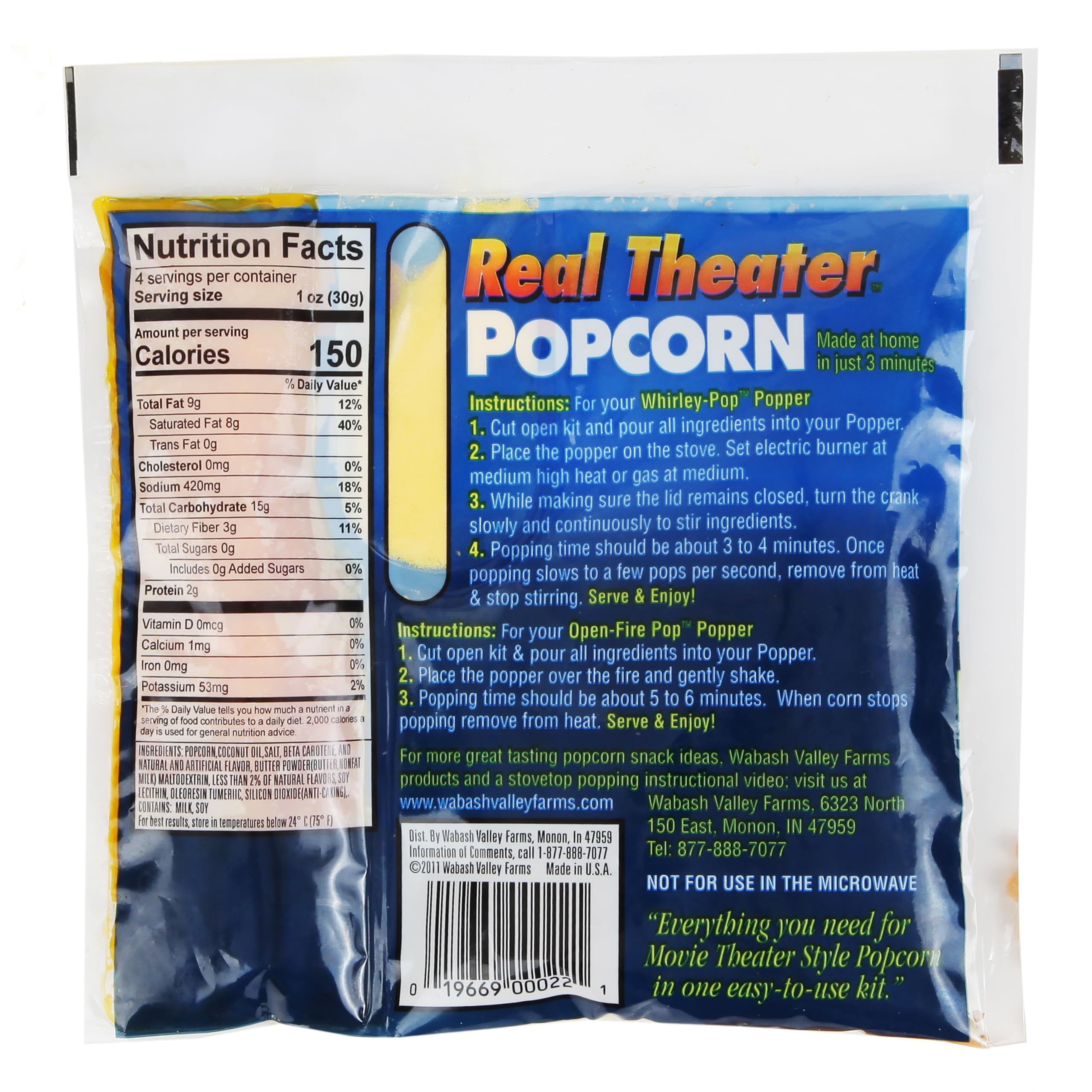 Wabash Valley Farms pre-portioned packets closeup highlight precise kernels and butter salt for consistent popping.
