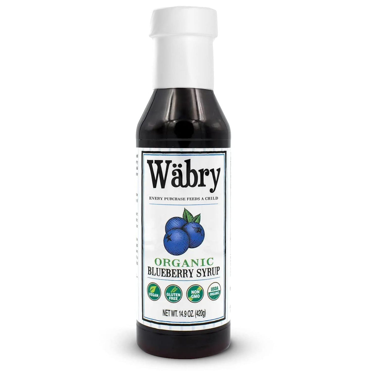 Wäbry Blueberry Syrup bottle front showing organic, dye-free berry flavor for desserts