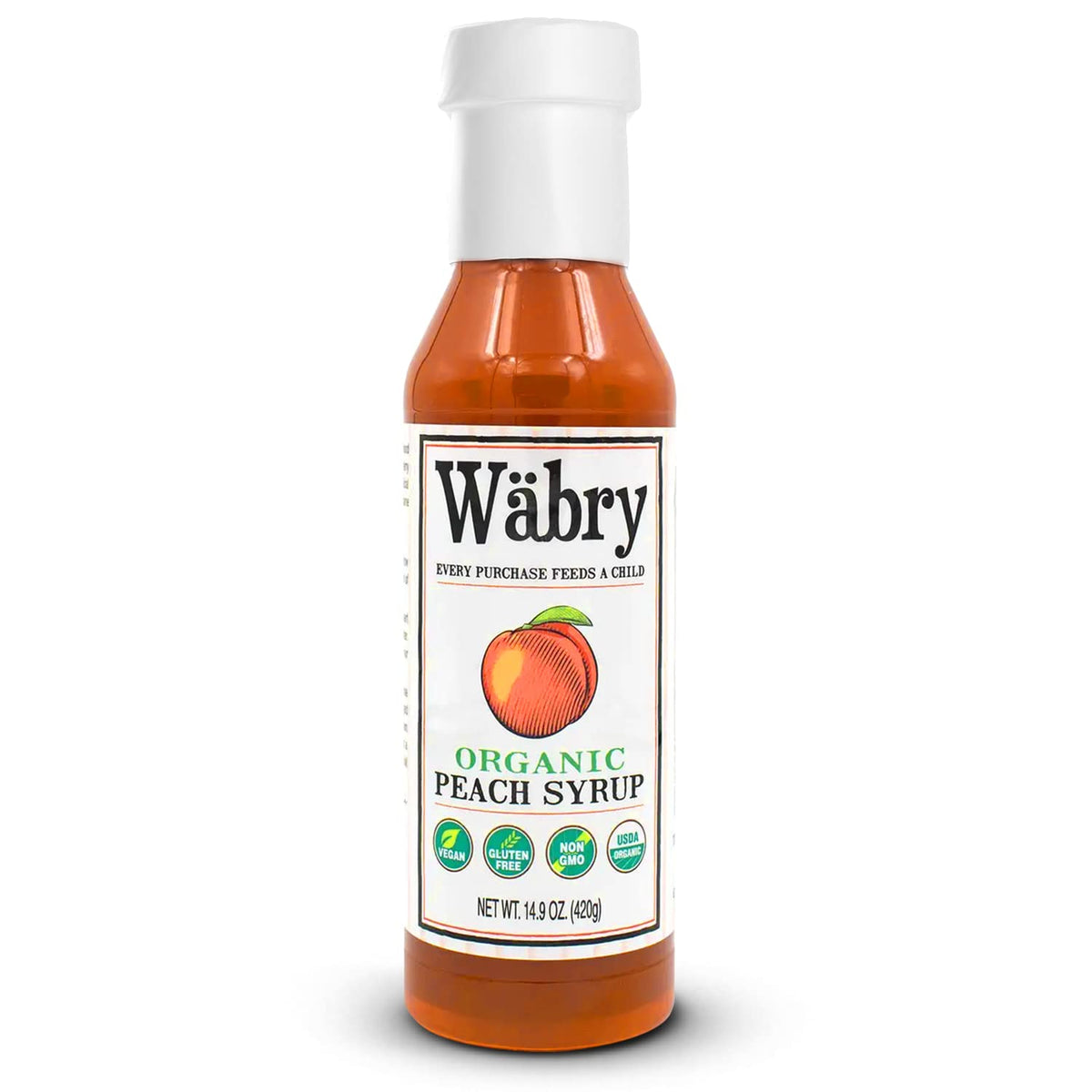 Wäbry Organic Peach Syrup bottle, natural flavor with peach notes for drinks and desserts.