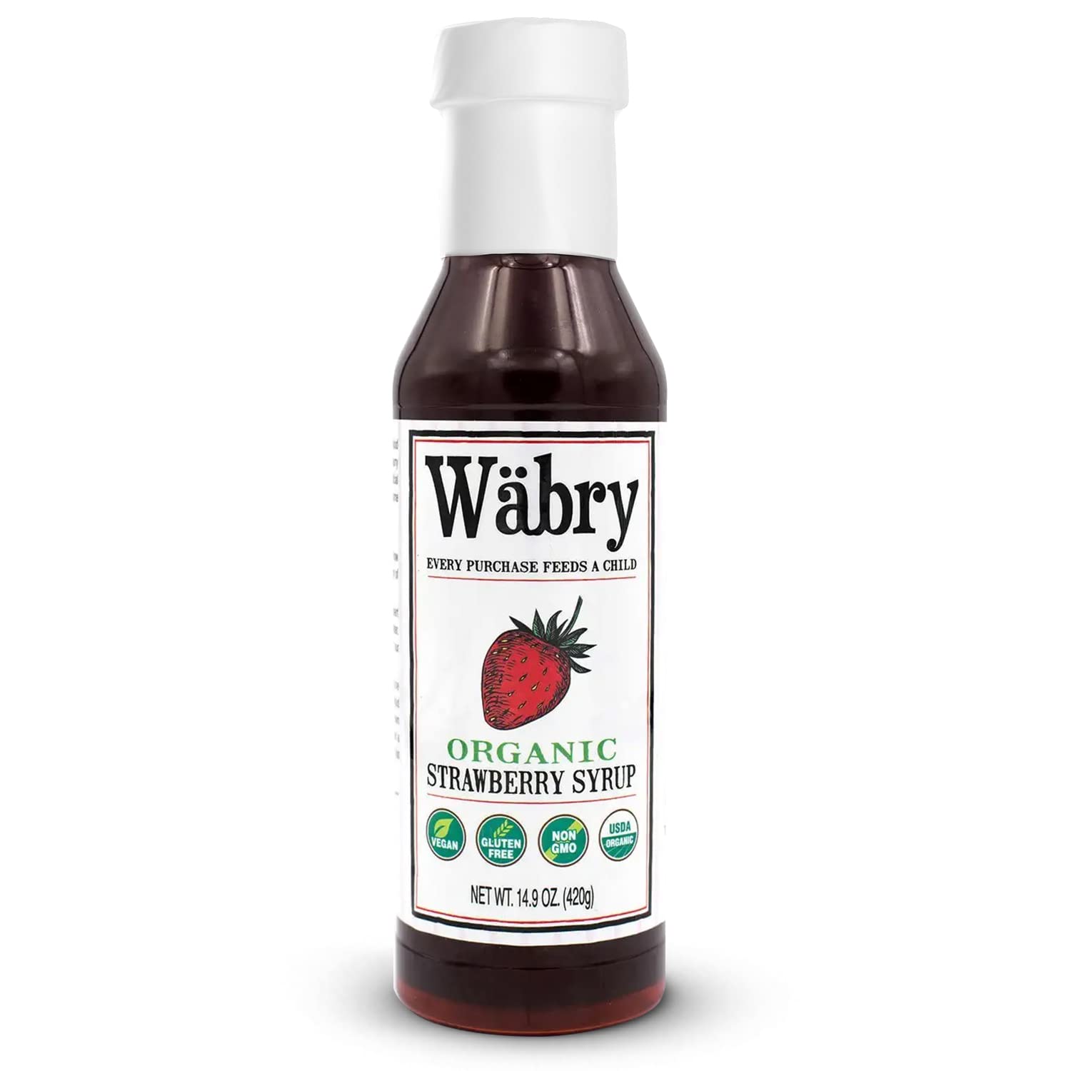 Wäbry Organic Strawberry Syrup bottle closeup, rich color, ideal for topping pancakes