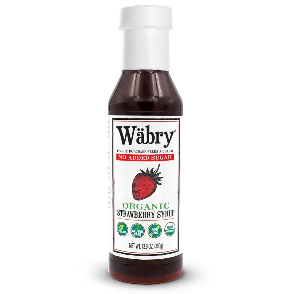 Wabry organic strawberry syrup bottle, no added sugar, ideal for healthier desserts.