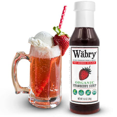 Wabry strawberry syrup on pancakes as a naturally flavored topping.