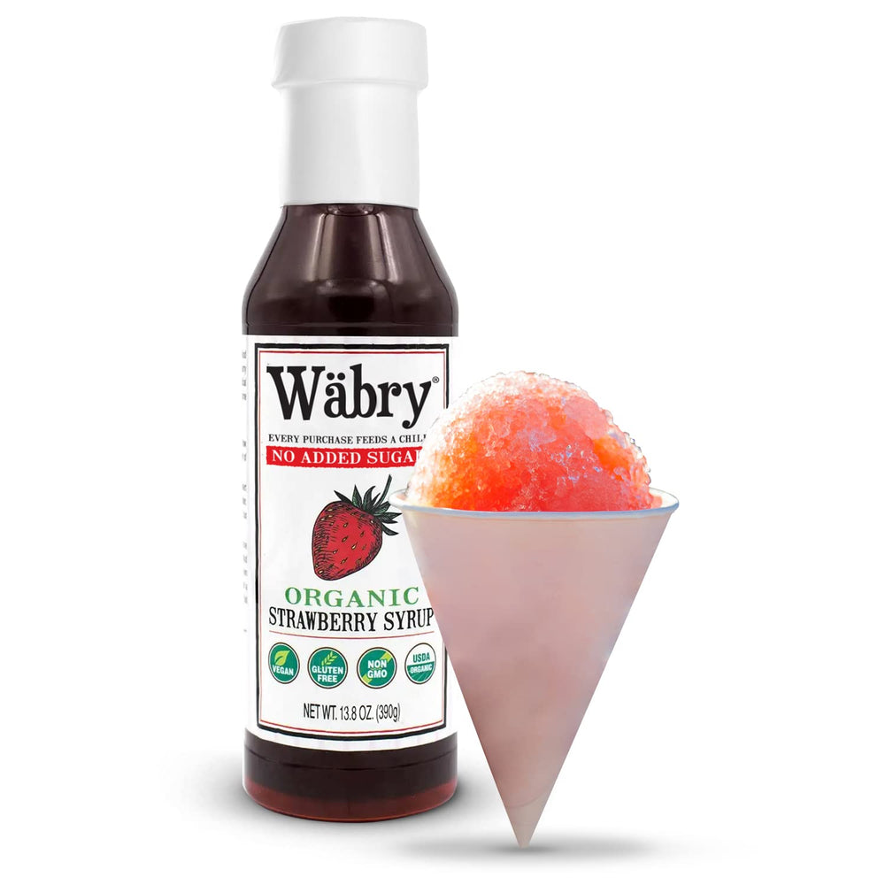 Wabry strawberry syrup on a snow cone, dye-free and refreshing.