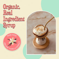 Closeup of Wäbry vanilla syrup highlighting real organic ingredients and aroma.