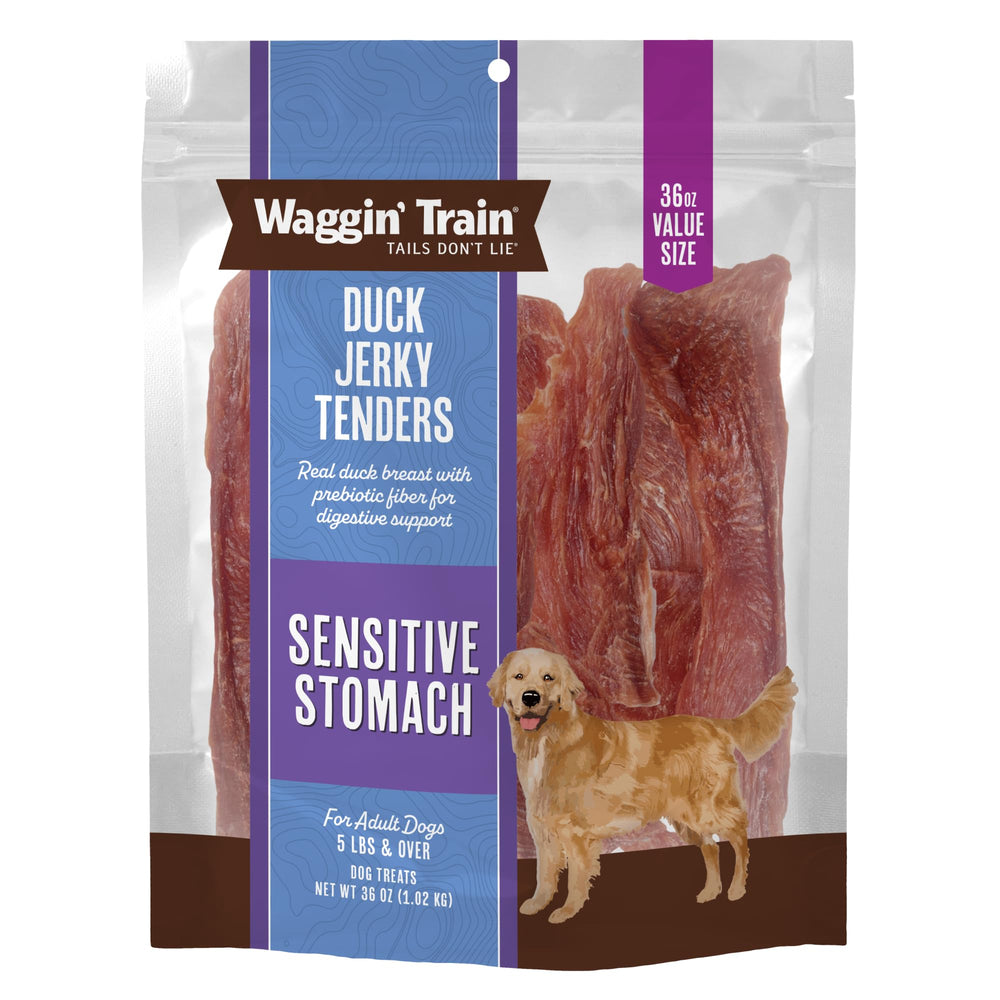 Waggin' Train duck jerky bag showing real duck breast as #1 ingredient