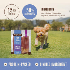 Ingredients label on Waggin' Train duck jerky shows three ingredients