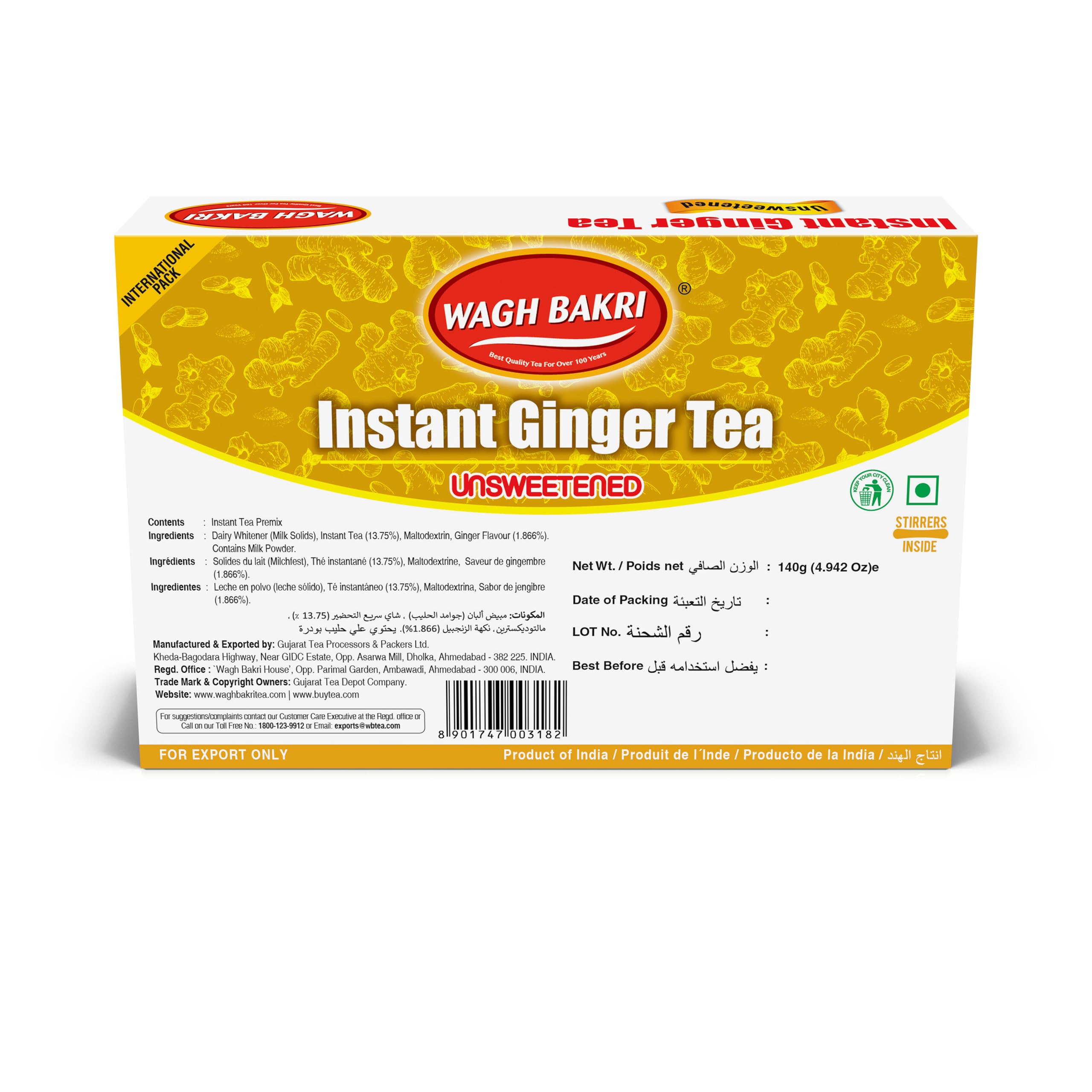 Wagh Bakri ginger tea sachet dispense for precise, easy prep.