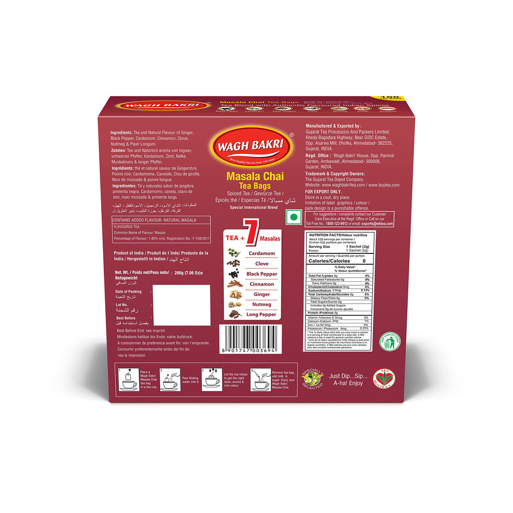 Wagh Bakri Masala Chai packaging detail shows premium quality