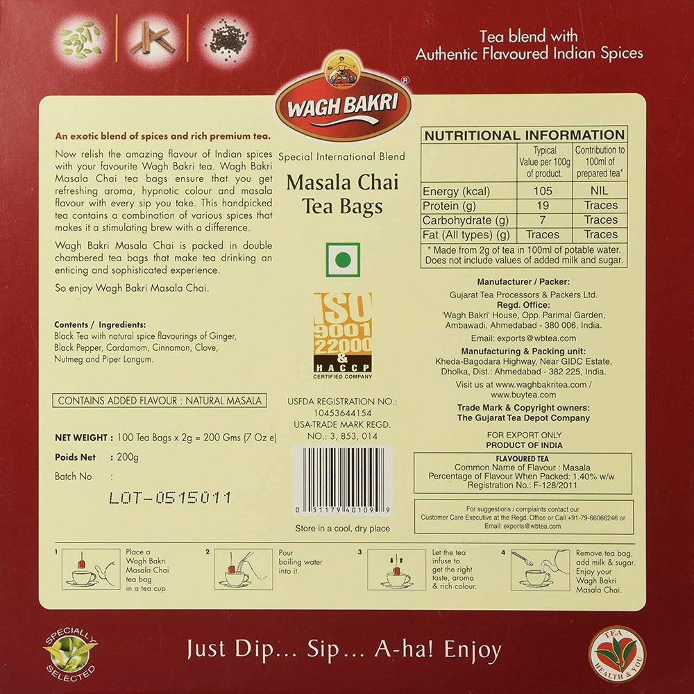 Wagh Bakri Masala Chai staple-free tea bags ready for quick brewing