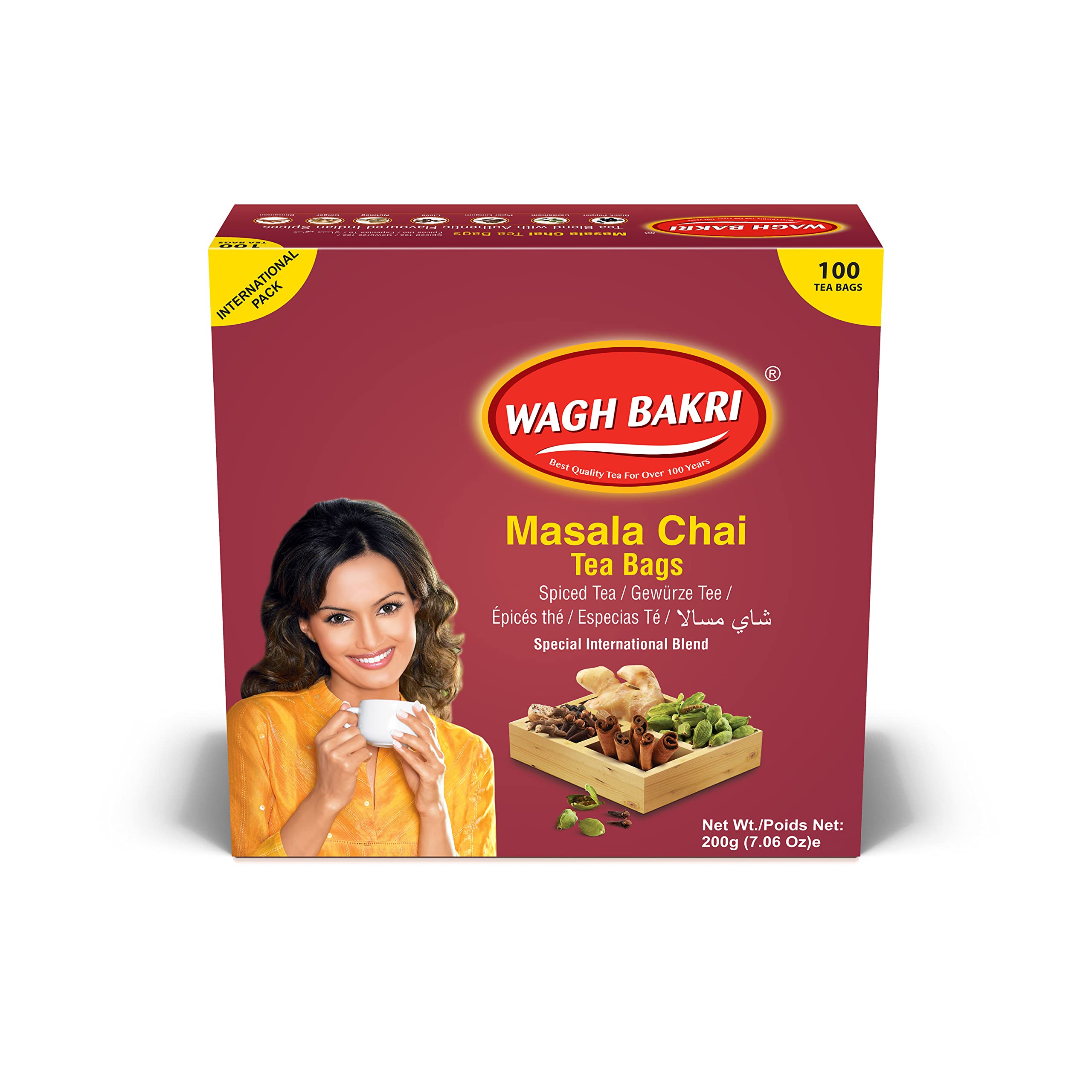 Wagh Bakri Masala Chai tea bags in box, convenient daily brew