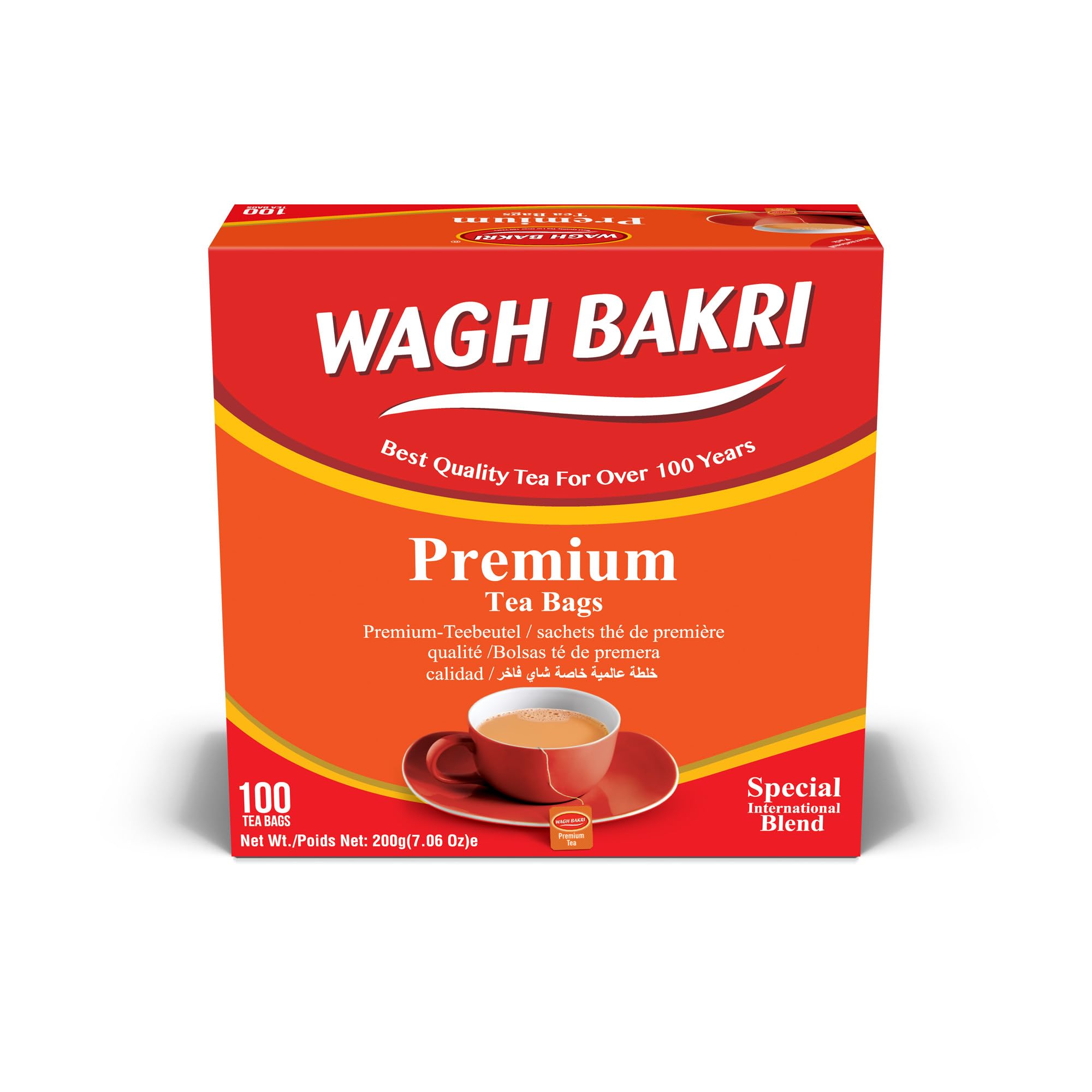 Wagh Bakri premium tea bags packaging highlighting the international blend for everyday tea.
