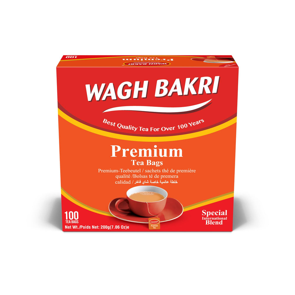 Wagh Bakri premium tea bags packaging highlighting the international blend for everyday tea.
