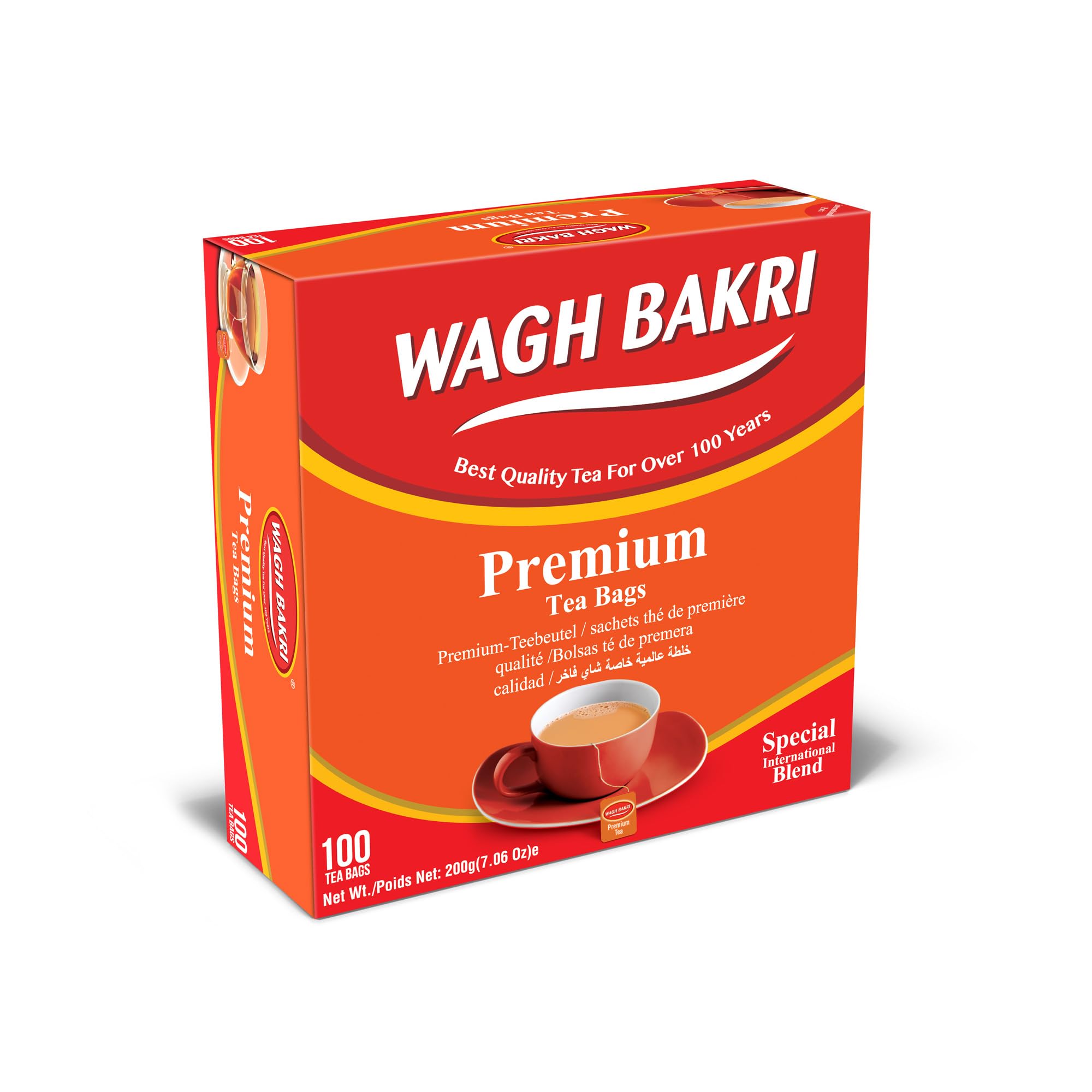 Wagh Bakri tea bags on shelf display for easy purchasing.