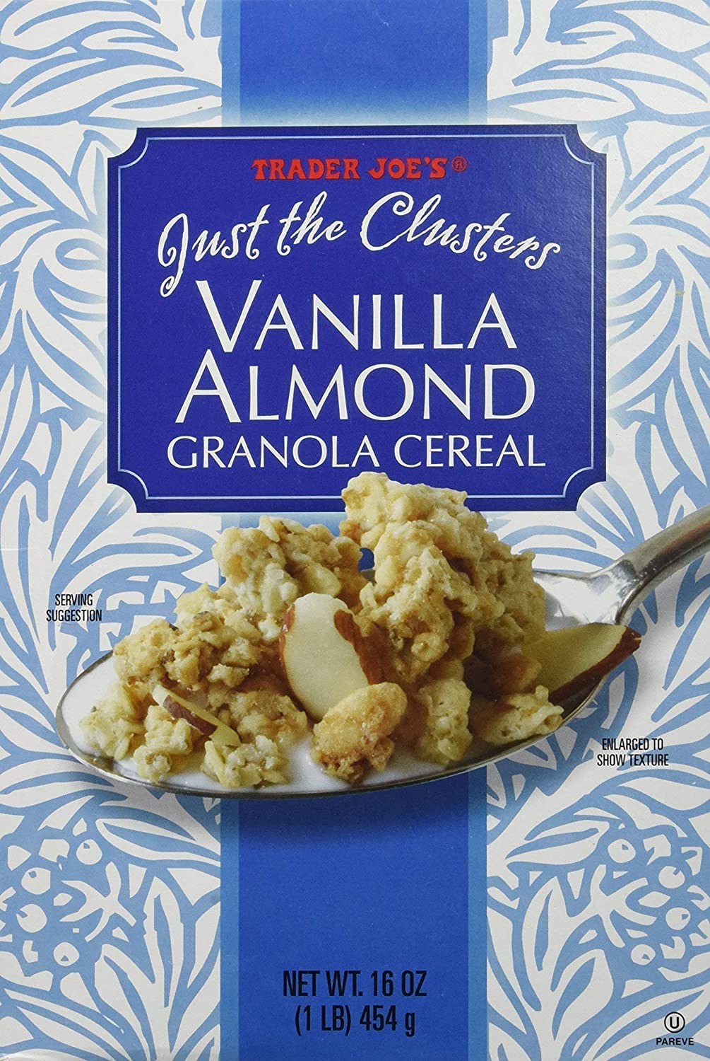 WAHALAA Trader Joe’s Vanilla Almond Granola Cereal two-pack packaging on shelf emphasizes everyday convenience