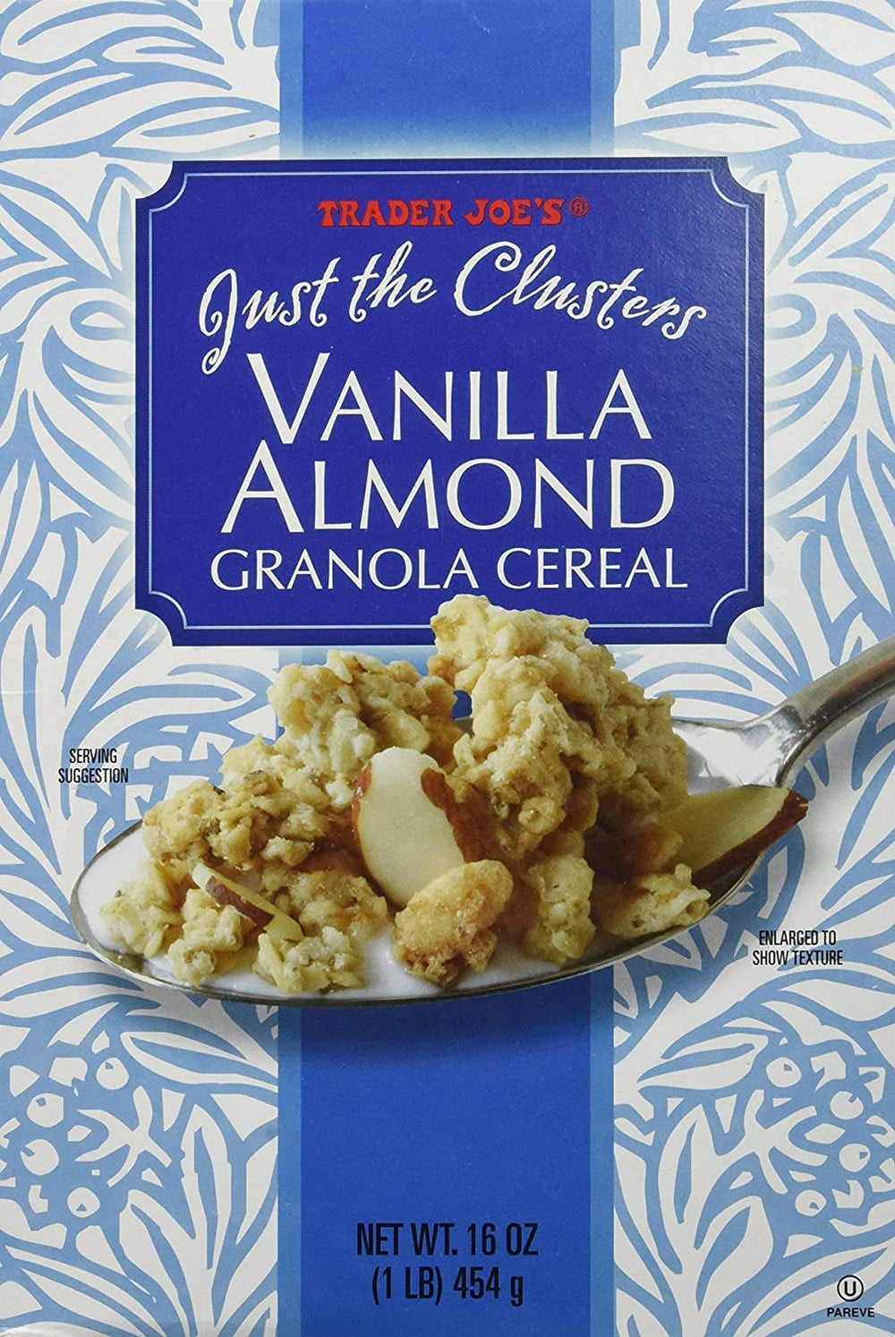 WAHALAA Trader Joe’s Vanilla Almond Granola Cereal two-pack packaging on shelf emphasizes everyday convenience