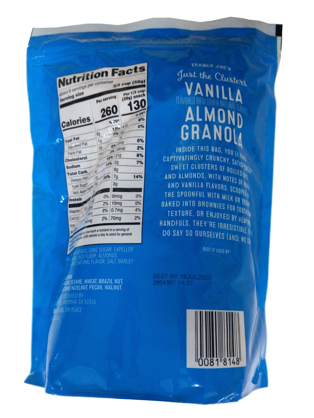WAHALAA Trader Joe’s Vanilla Almond Granola Cereal served in a bowl with milk promises crunchy start.