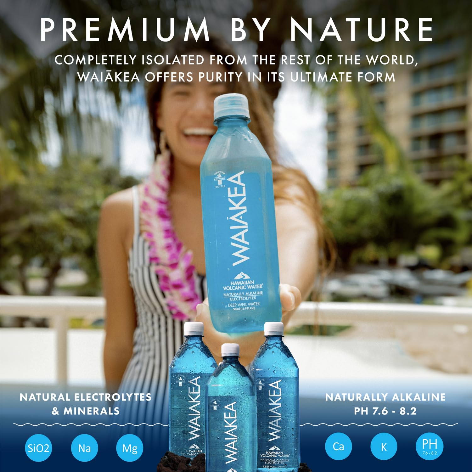 Waiakea 12-pack 1L bottles for convenient, sustainable hydration.
