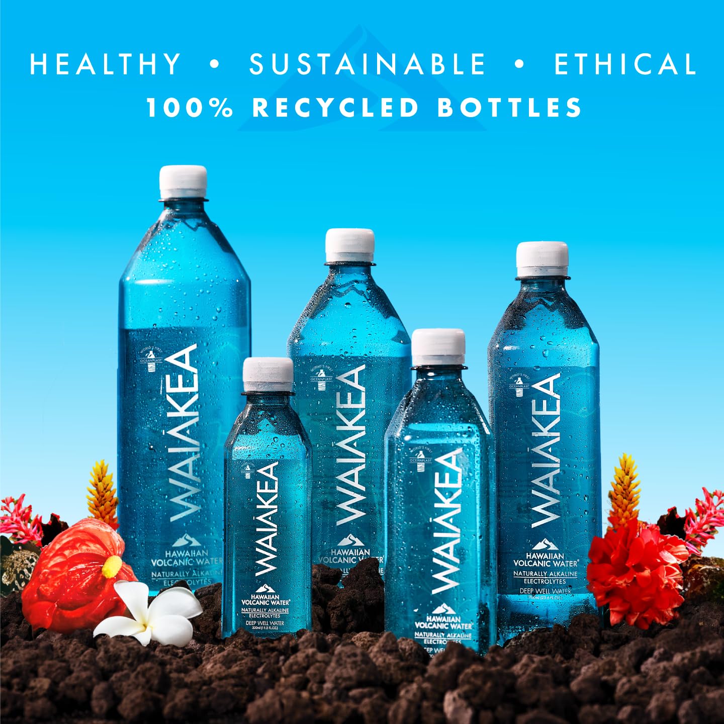 Waiakea 24-pack packaging emphasizing eco-friendly Oceanplast bottle