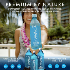 Waiakea water bottle back view showing sustainability notes