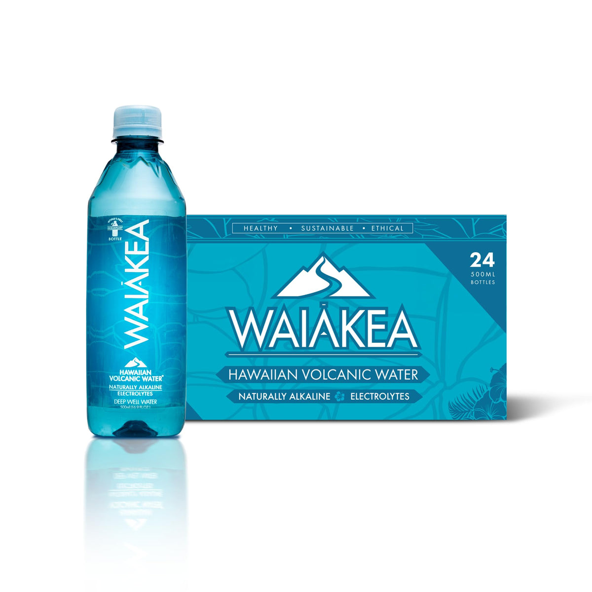 Waiakea water bottle front view, 500ml capacity for on-the-go hydration