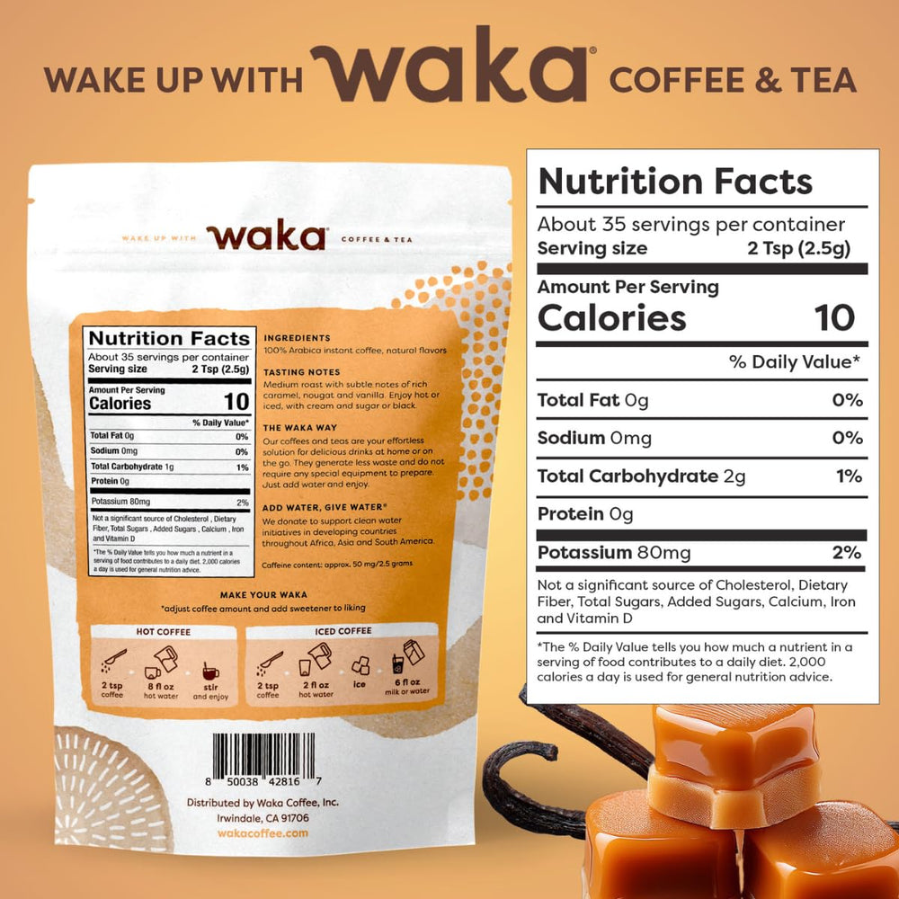 Waka freeze-dried Arabica coffee beans preserve aroma for rich flavor.
