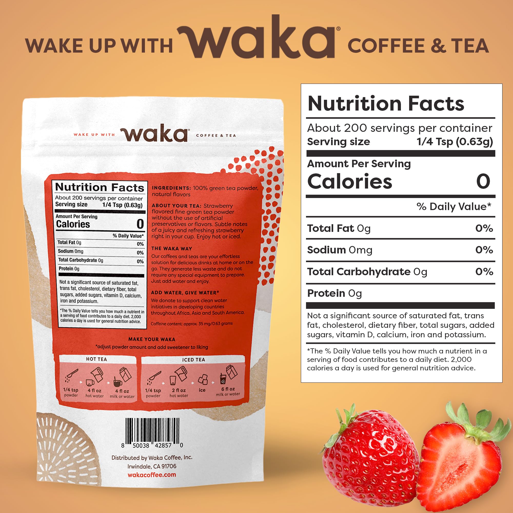 Waka green tea powder dissolves easily in water for effortless cups.
