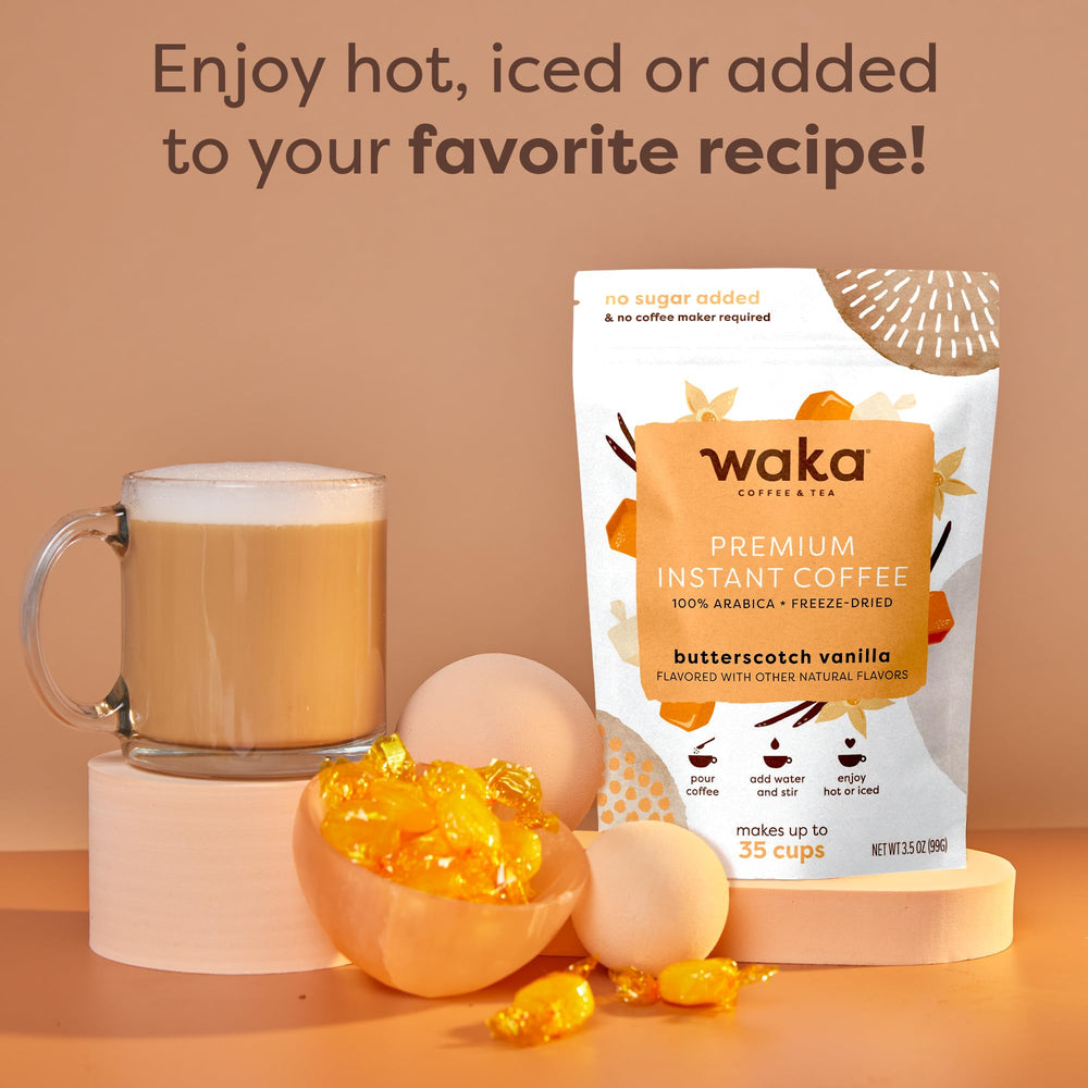 Waka instant coffee prepared with hot water for quick one-cup ritual.