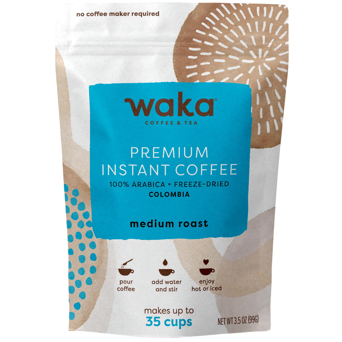 Waka Instant Coffee Medium Roast bag shows compact packaging for travel and home