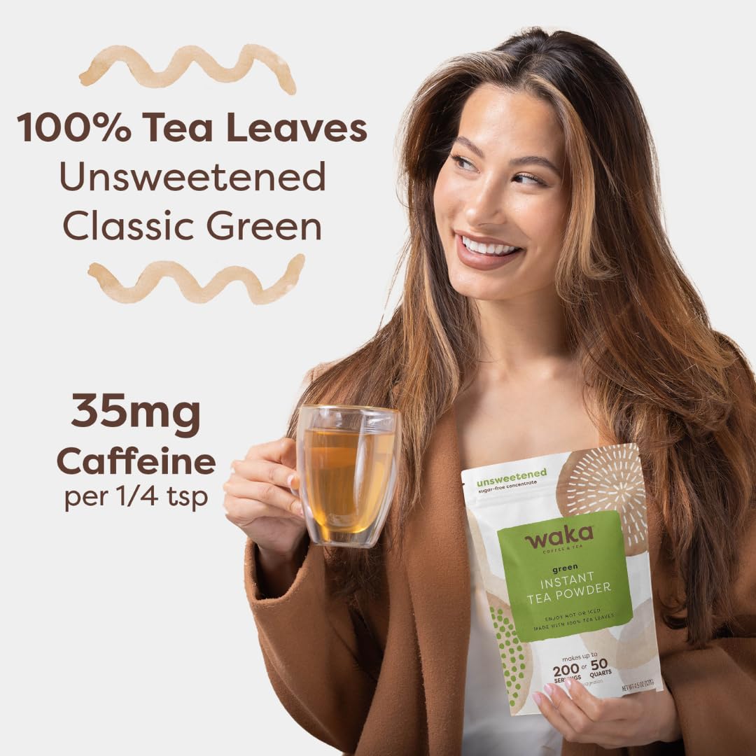 Waka Instant Green Tea Classic nutrition label showing caffeine per serving.