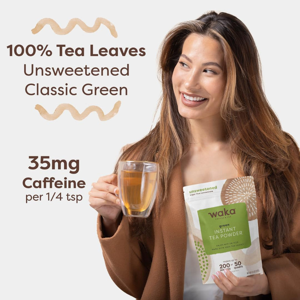 Waka Instant Green Tea Classic nutrition label showing caffeine per serving.